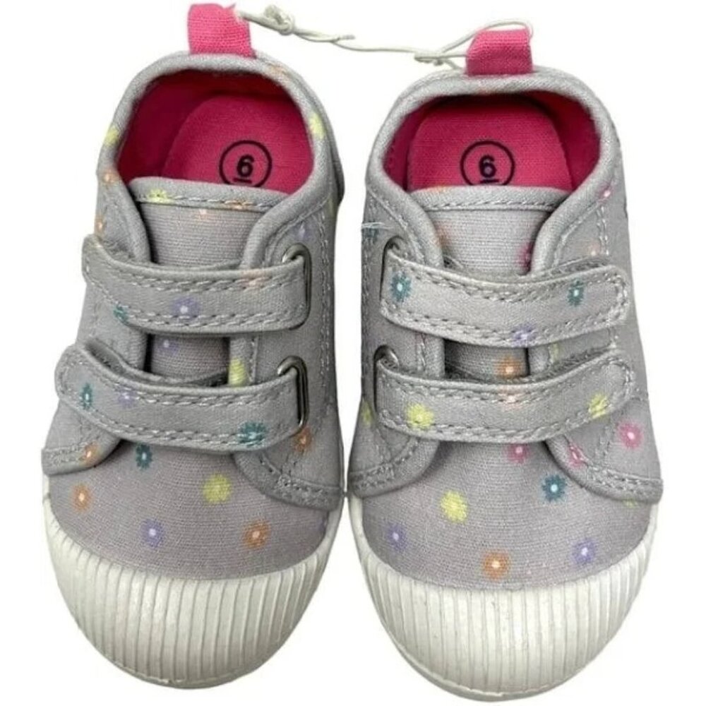 Baby Girls Size‎ 12 Gray Canvas Flowers Sneakers With Velcro Straps NWT